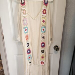 Bohemian Cream Tunic with Colorful Crochet Accents